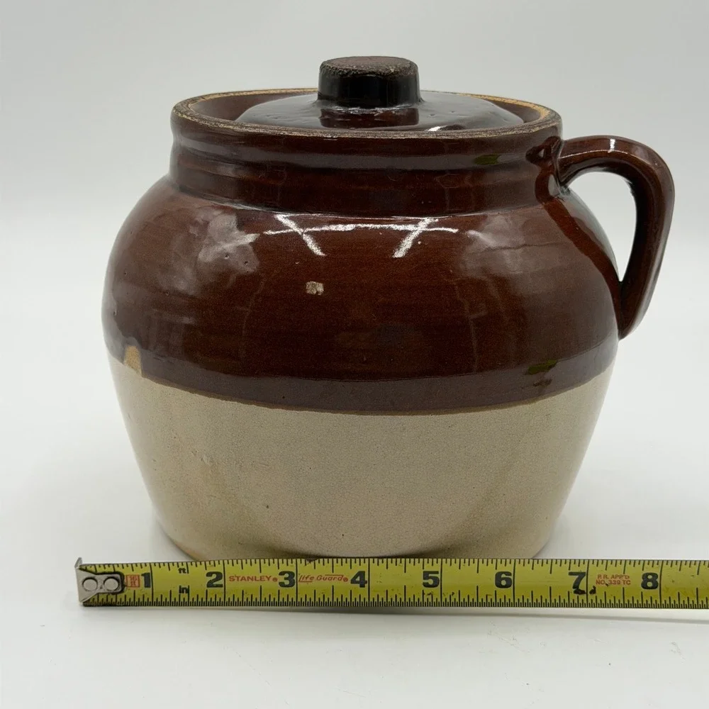 Vintage Robinson Ransbottom Blue Crown 3 Two Tone Stoneware Bean Pot with Lid